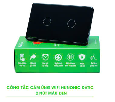 Công Tắc Cảm Ứng 2 Nút Wifi Hunonic Datic Màu Đen